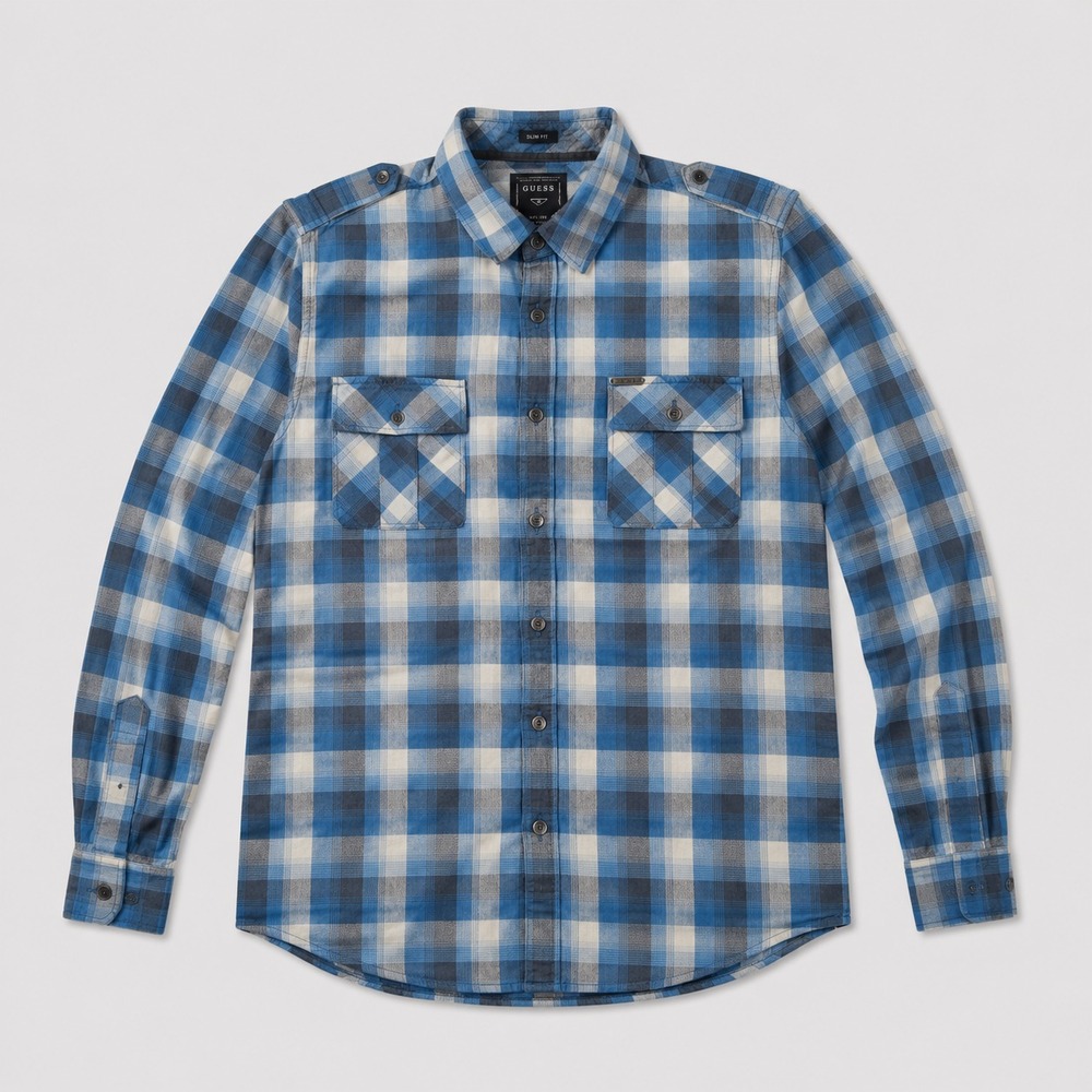 GUESS Mens Large Blue Plaid Flannel Button Up Shirt Slim Fit Long Sleeve